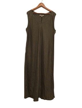 FLAX Olive Green Linen Bias S/Less Maxi Dress L Nwot
